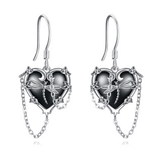 Sterling Silver with Black Rhodium Dragonfly & Heart Drop Earrings-16