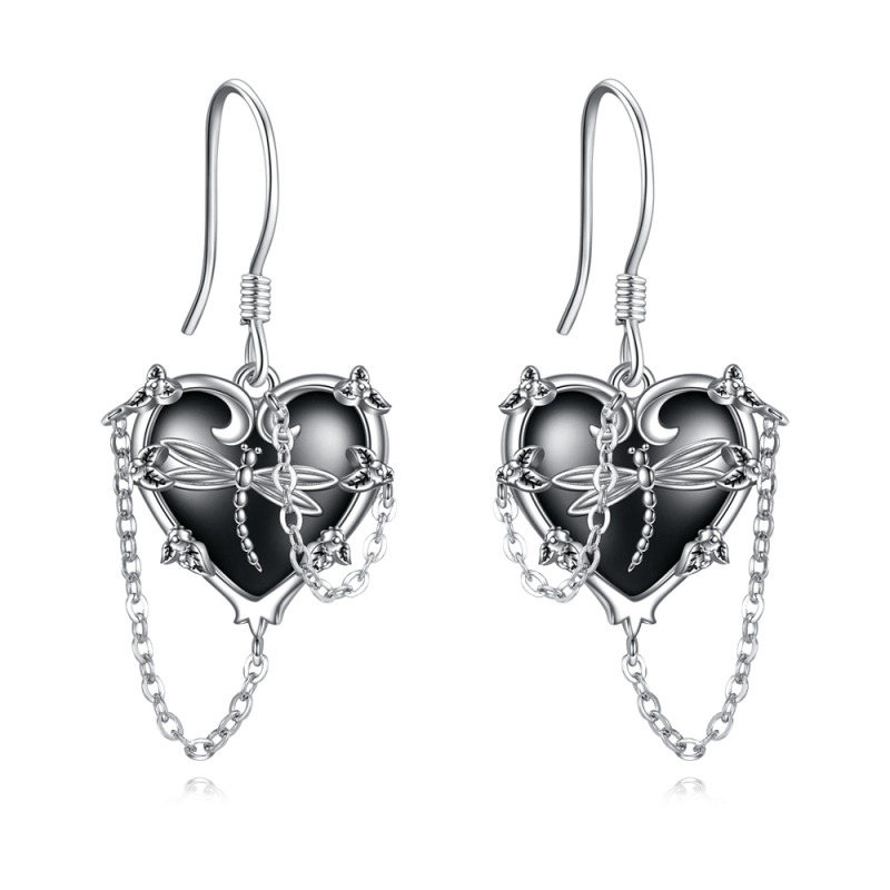 Boucles d'oreilles pendantes libellule et coeur en argent sterling avec rhodium noir