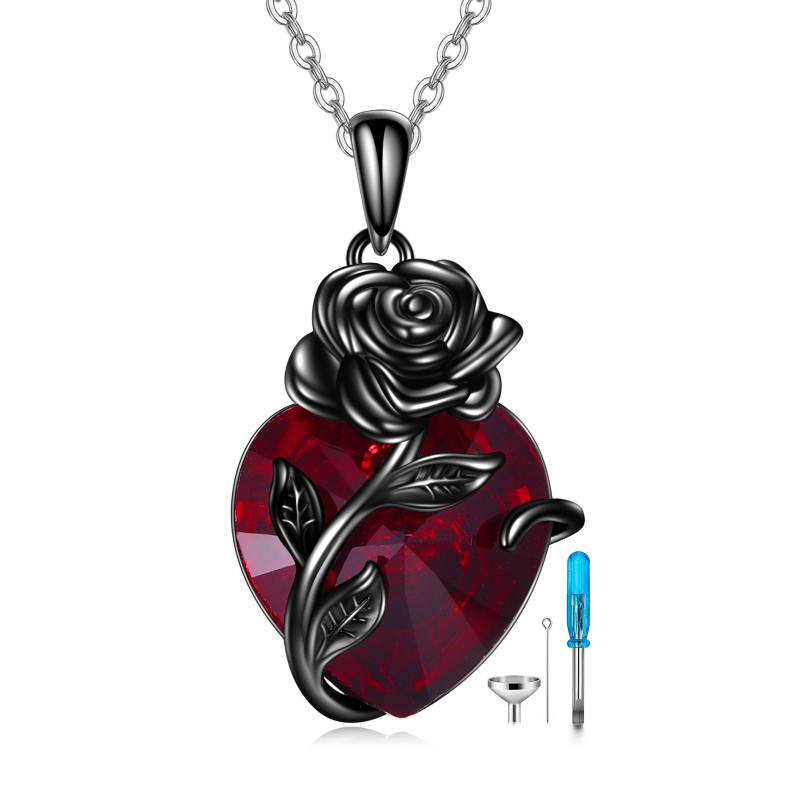 Sterling Silver with Black Rhodium Heart Crystal Rose & Heart Urn Necklace for Ashes