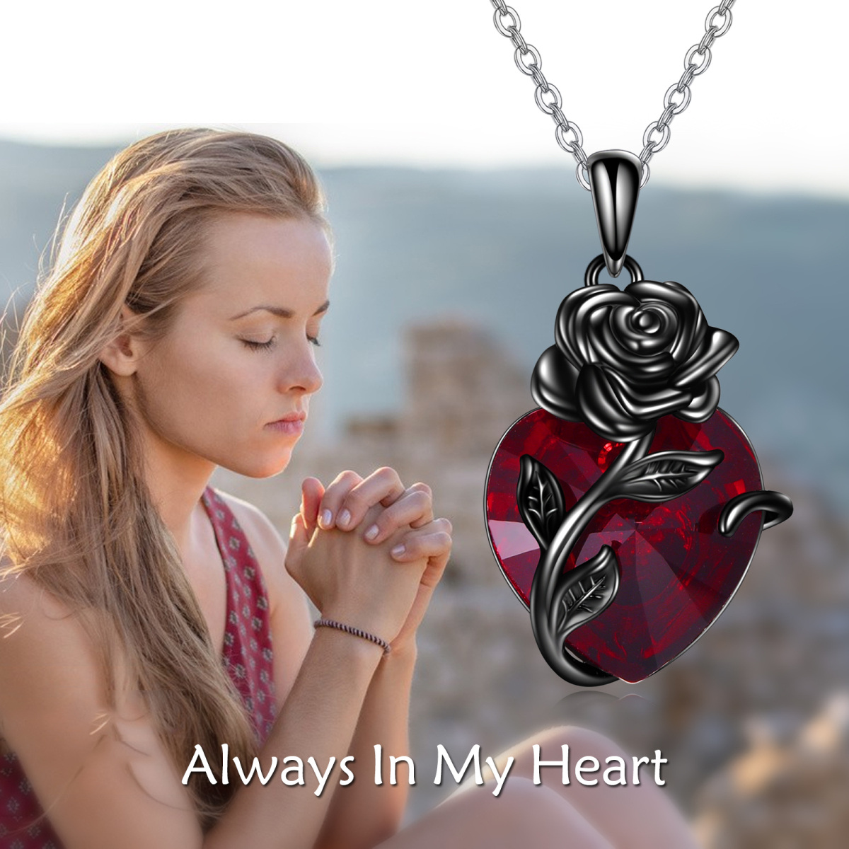 Collar de urna de plata de ley con corazón de rodio negro y rosa de cristal para cenizas-3