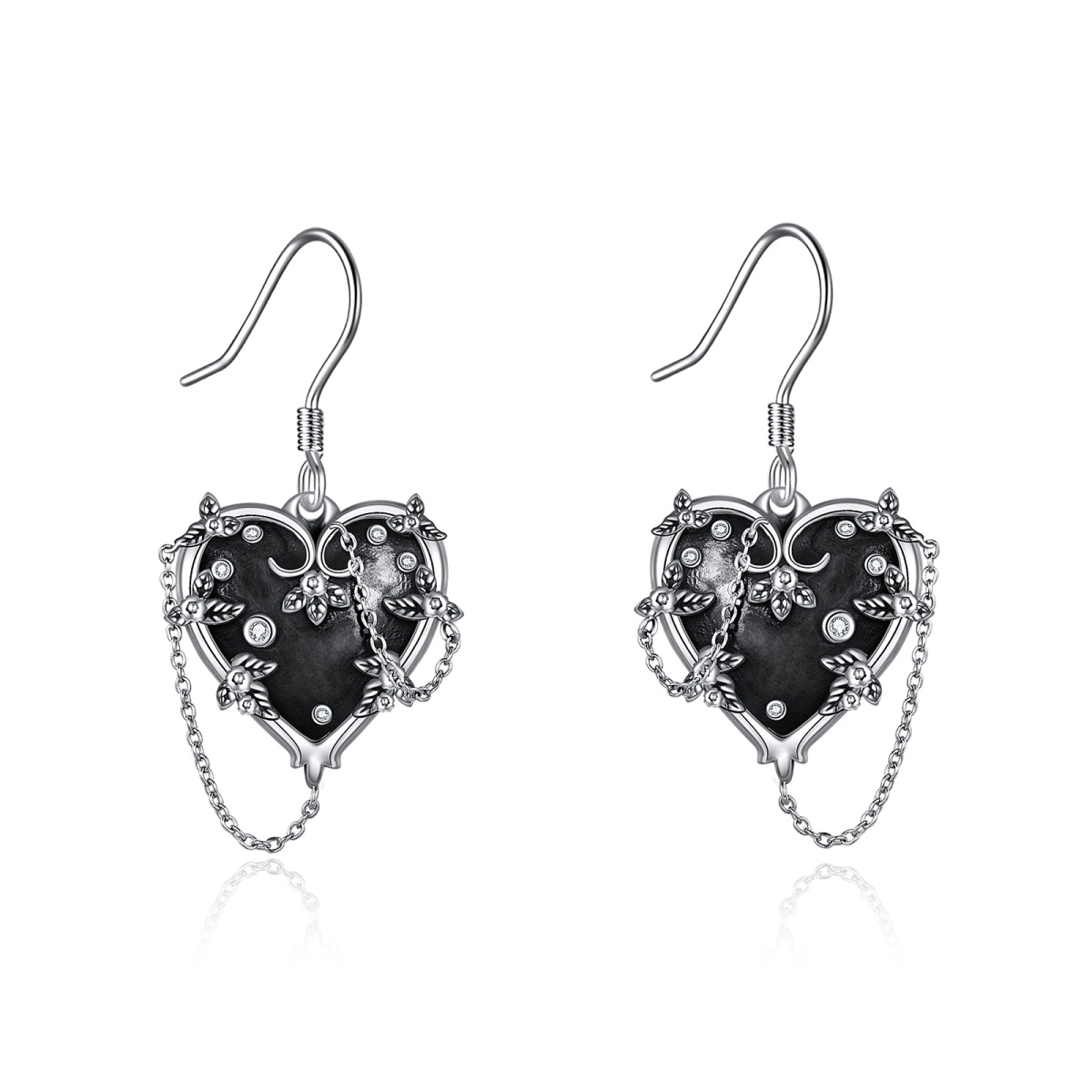 Sterling Silver With Black Rhodium Cubic Zirconia Heart Drop Earrings For Women-1