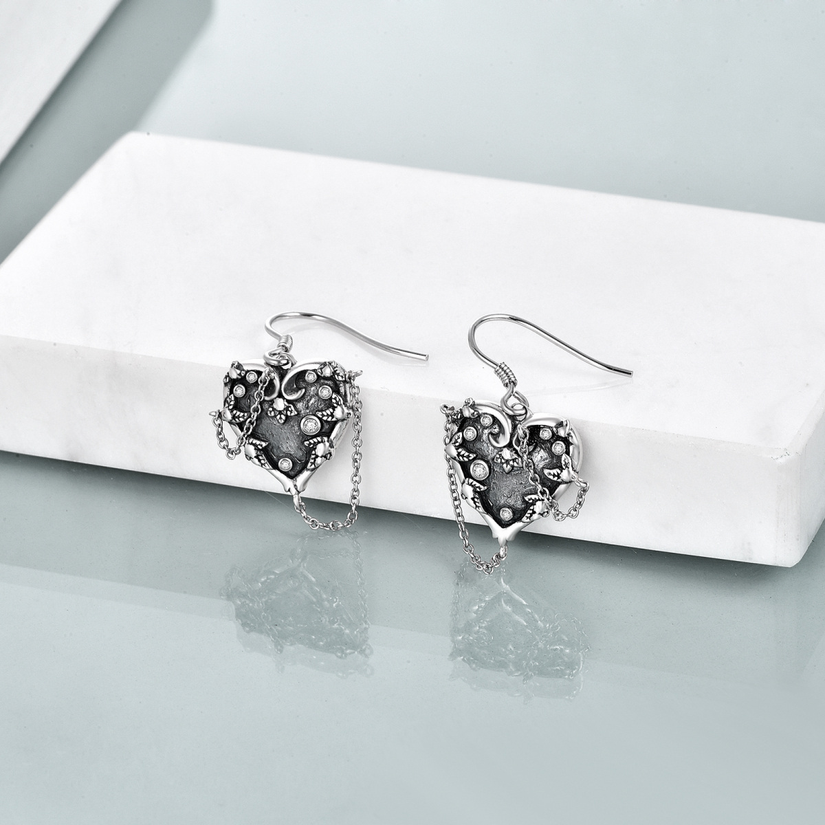 Sterling Silver With Black Rhodium Cubic Zirconia Heart Drop Earrings For Women-4