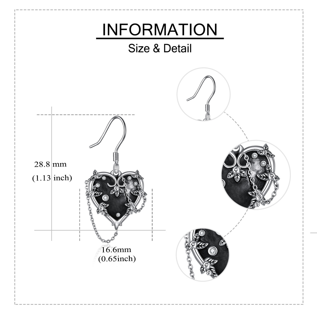 Orecchini pendenti a cuore da donna in argento sterling con zirconi cubici di rodio nero-6