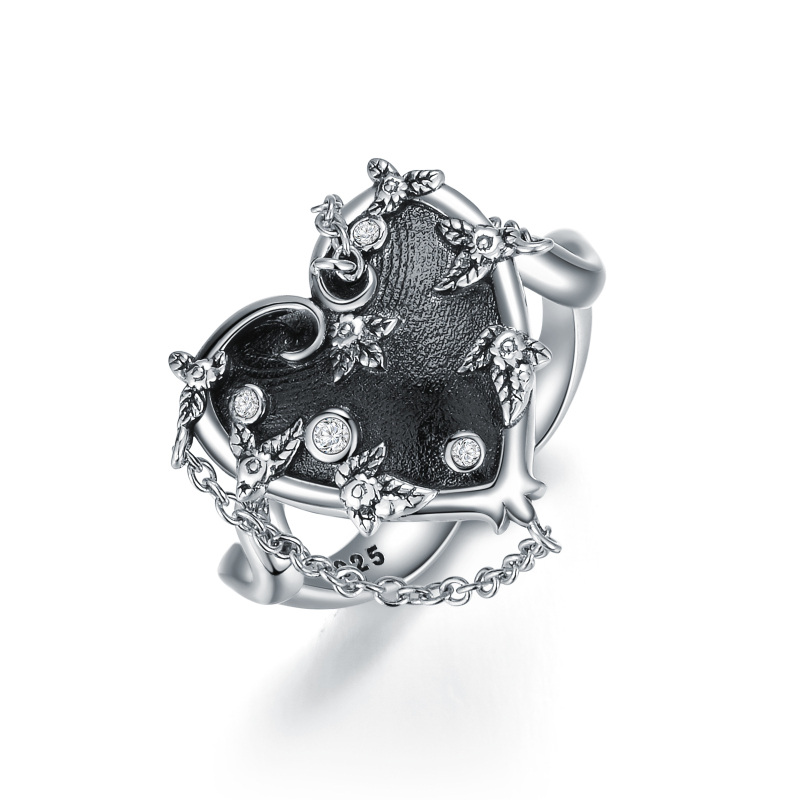 Personalisierter Ring aus Sterlingsilber mit oxidiertem Gothic-Herz für Mädchen