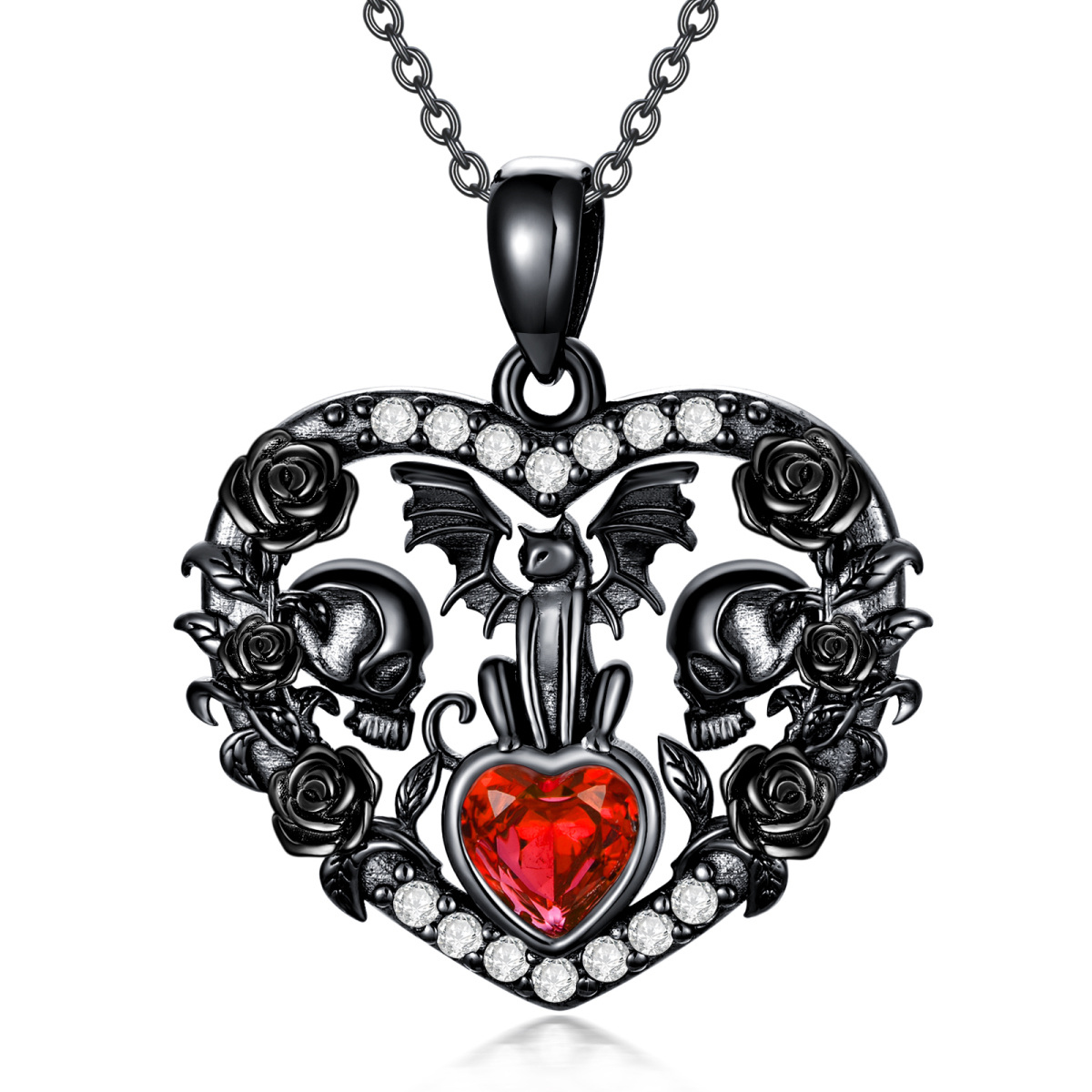 Sterling Silver With Black Rhodium Heart Zircon Cat With Bat & Skull With Rose Pendant Necklace Halloween-1