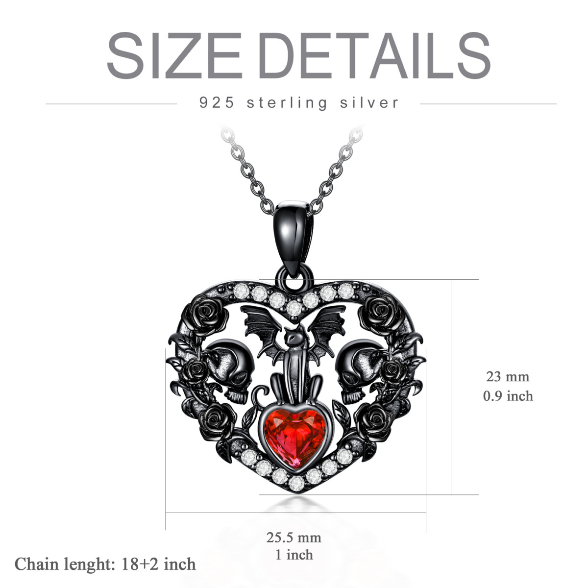 Sterling Silver With Black Rhodium Heart Zircon Cat With Bat & Skull With Rose Pendant Necklace Halloween-2