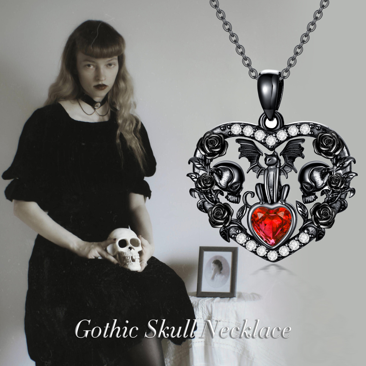 Sterling Silver With Black Rhodium Heart Zircon Cat With Bat & Skull With Rose Pendant Necklace Halloween-3