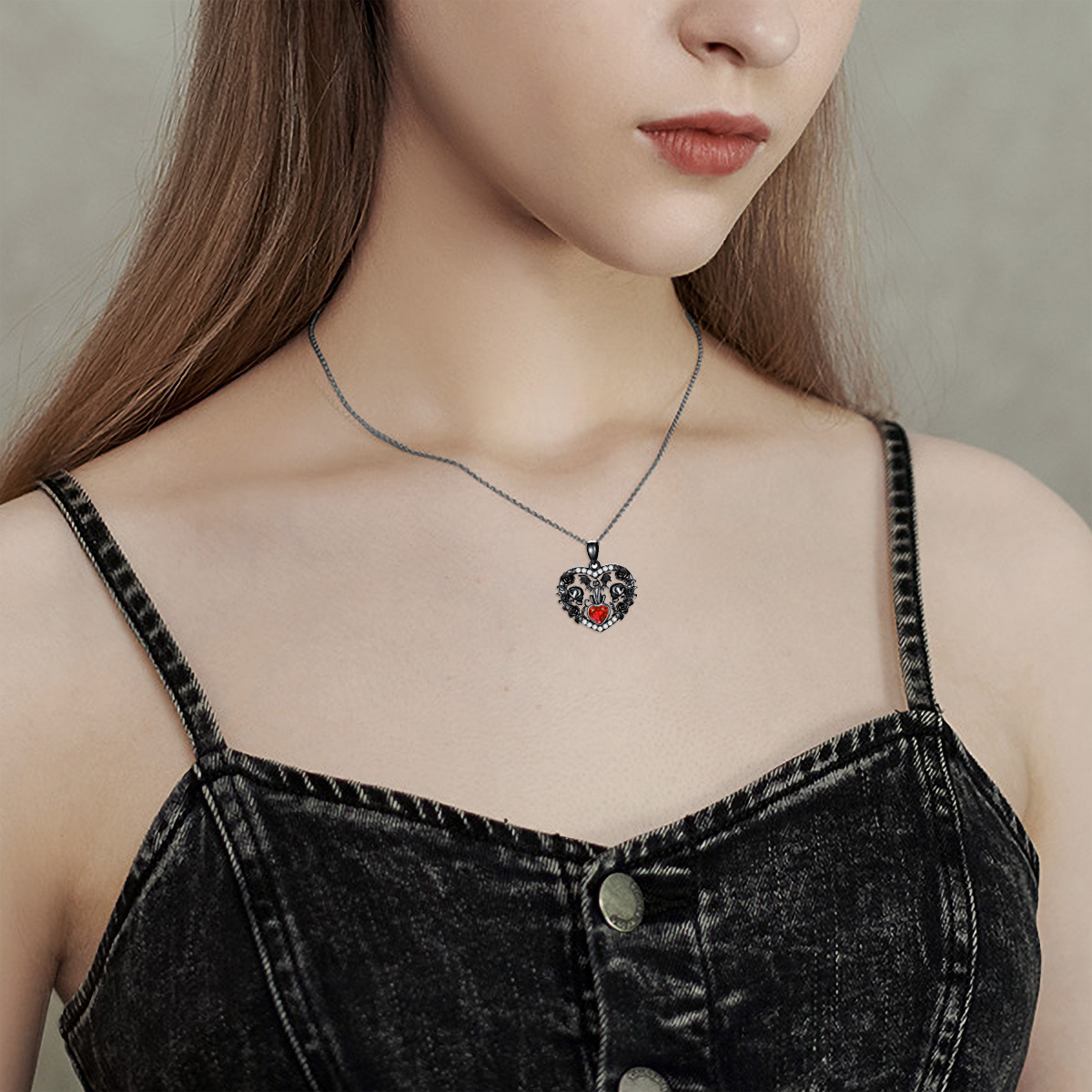 Collier pendentif en argent sterling avec cœur en rhodium noir et zircon, chat, chauve-souris et crâne avec rose, Halloween-4