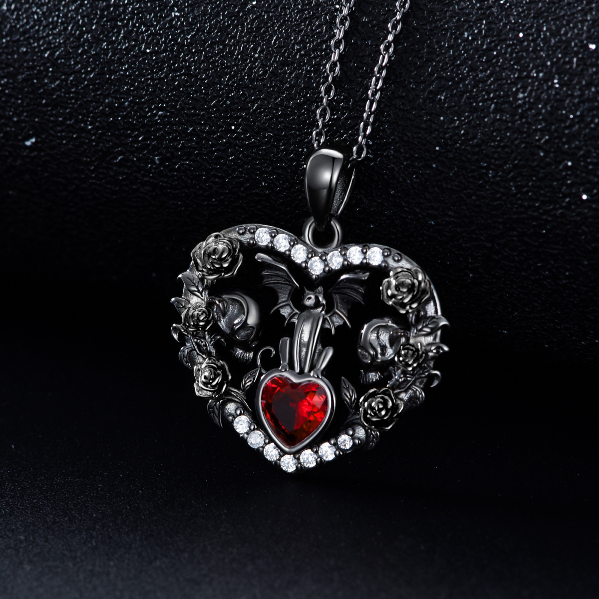 Sterling Silver With Black Rhodium Heart Zircon Cat With Bat & Skull With Rose Pendant Necklace Halloween-5