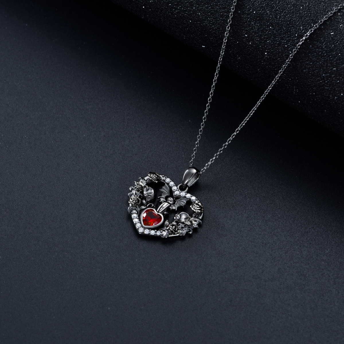 Sterling Silver With Black Rhodium Heart Zircon Cat With Bat & Skull With Rose Pendant Necklace Halloween-6