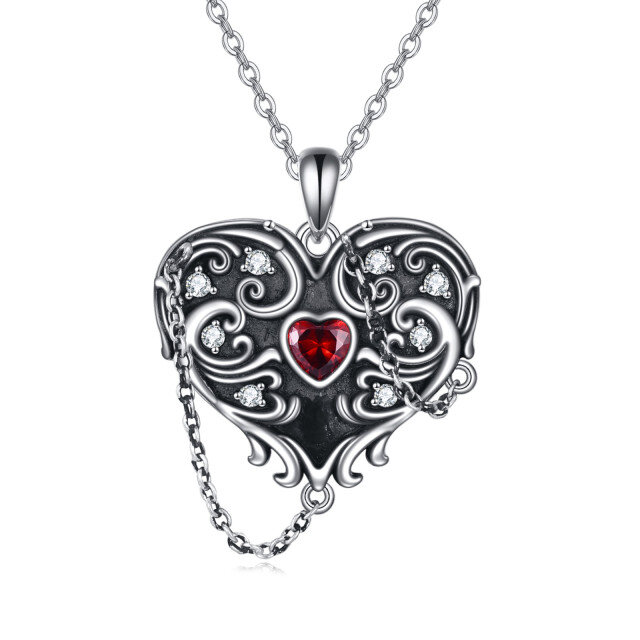 Collar de plata de ley con circonita cúbica de rodio negro y colgante de corazón y bruja-1