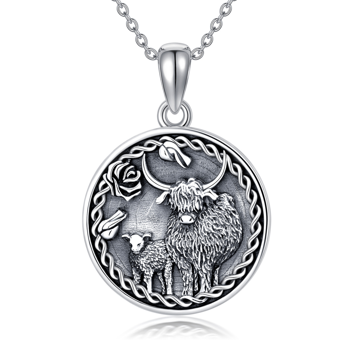 Collier pendentif en argent sterling avec nœud celtique en forme de vache des Highlands rhodié noir-1