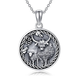 Sterling Silver with Black Rhodium Highland Cow & Celtic Knot Pendant Necklace-5