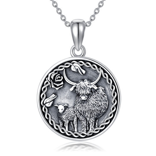 Sterling zilver met zwarte Rhodium Highland Cow Keltische knoop hanger ketting