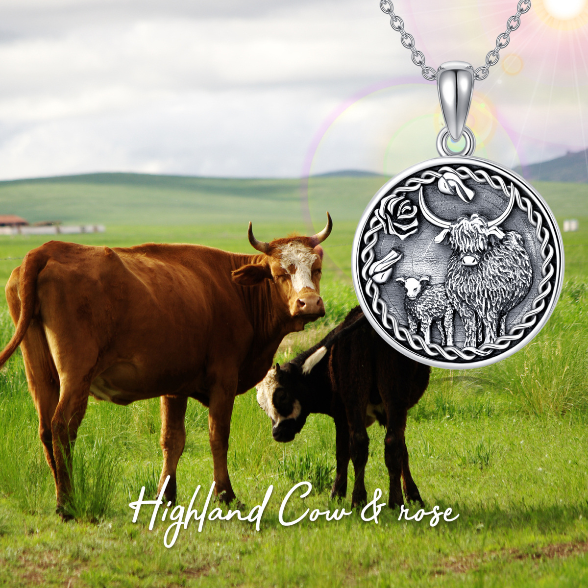 Sterling Silver with Black Rhodium Highland Cow & Celtic Knot Pendant Necklace-5