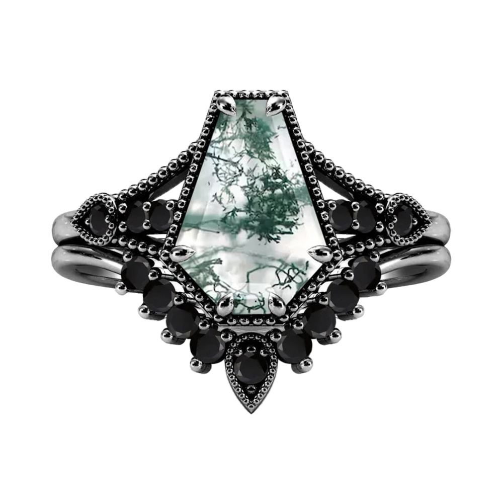 Anillo de compromiso corona de ágata musgosa en plata de ley con rodio negro-1