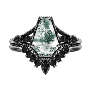 Sterling Silver with Black Rhodium Moss Agate Crown Engagement Ring-20