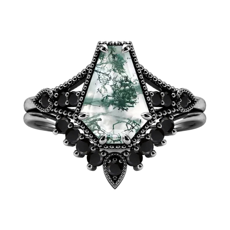 Sterling Silver with Black Rhodium Moss Agate Crown Engagement Ring-11