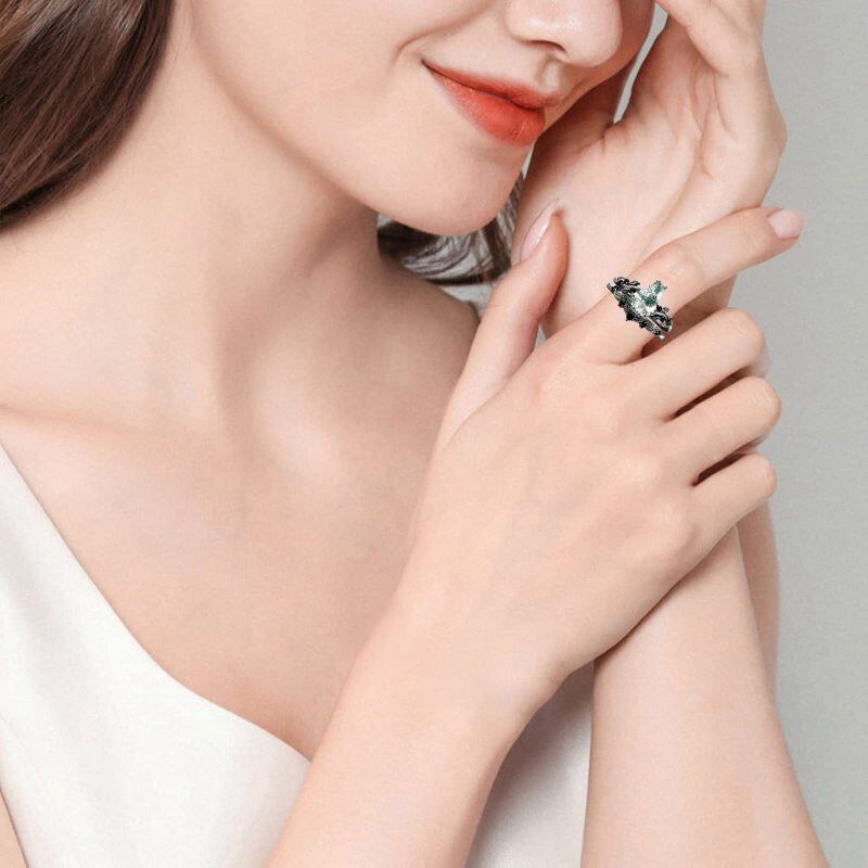 Anillo de compromiso corona de ágata musgosa en plata de ley con rodio negro-2