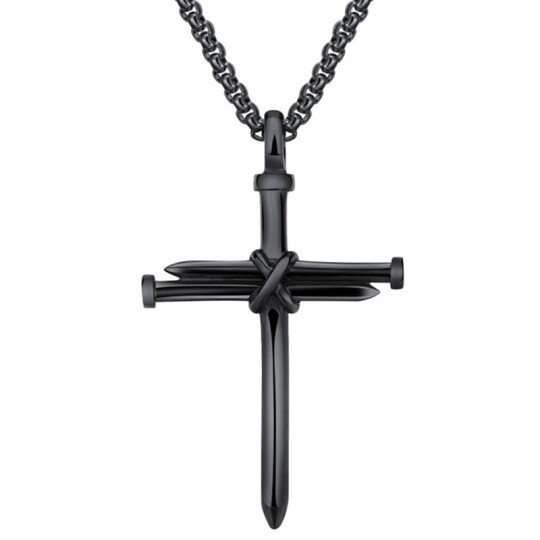 Collier en argent sterling et rhodium noir avec pendentif croix en forme de clou