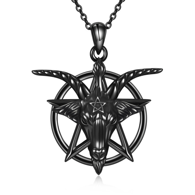 Sterling Silber mit schwarzem Rhodium Pentagramm & Satanische Ziege Anhänger Halskette