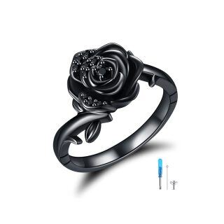 Sterling Silver with Black Rhodium & Personalized Engraving Rose Urn Ring-37