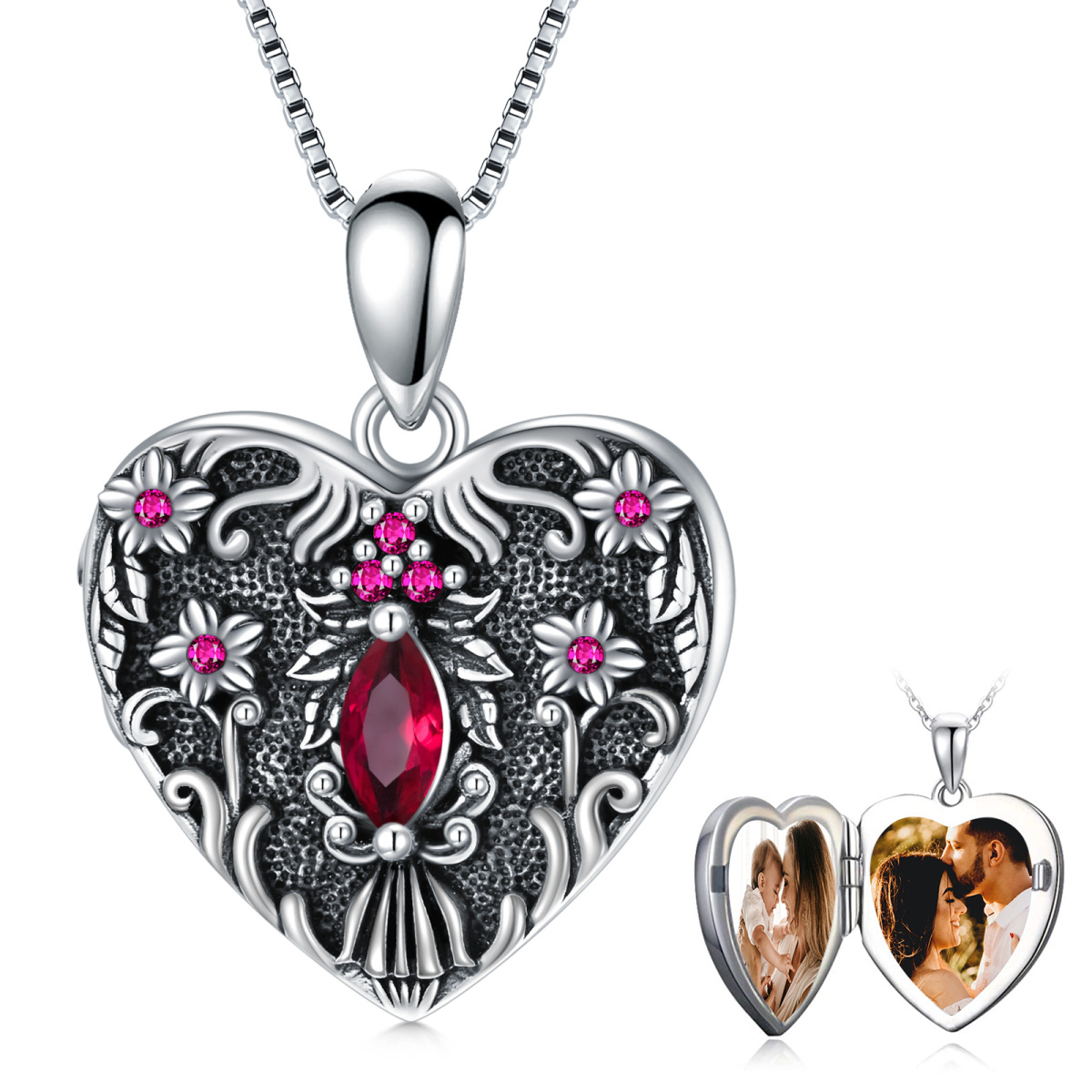 Sterling Silver With Black Rhodium Cubic Zirconia Heart Personalized Photo Locket Necklace For Women-1