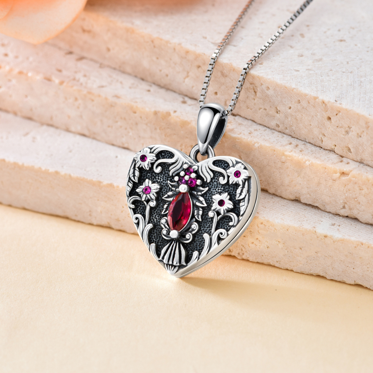 Sterling Silver With Black Rhodium Cubic Zirconia Heart Personalized Photo Locket Necklace For Women-3