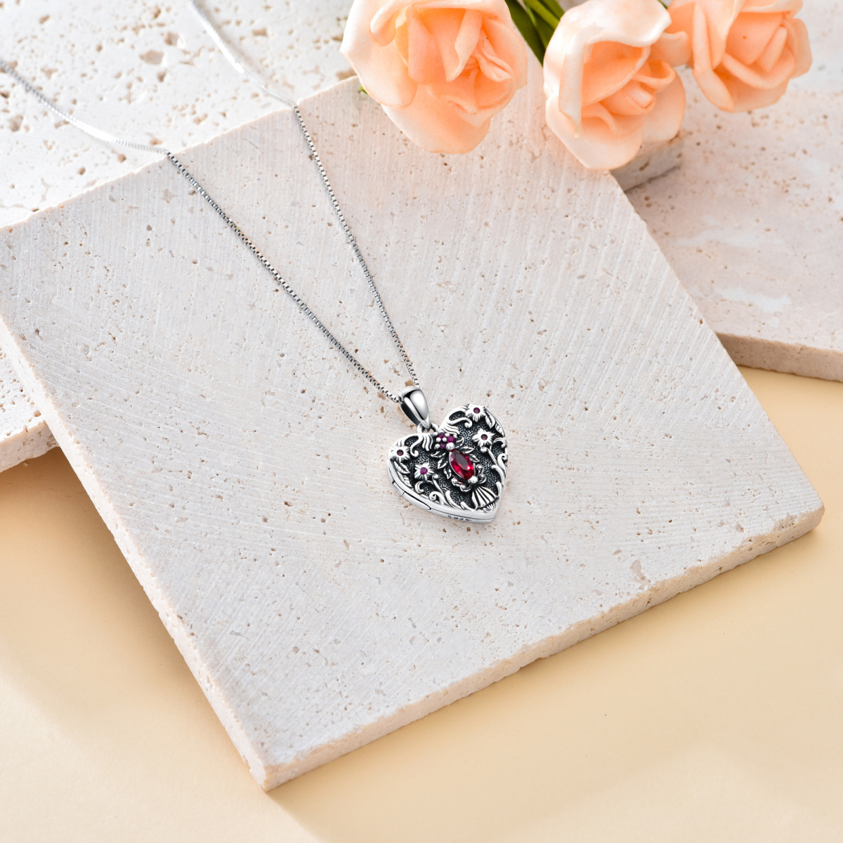 Sterling Silver With Black Rhodium Cubic Zirconia Heart Personalized Photo Locket Necklace For Women-4