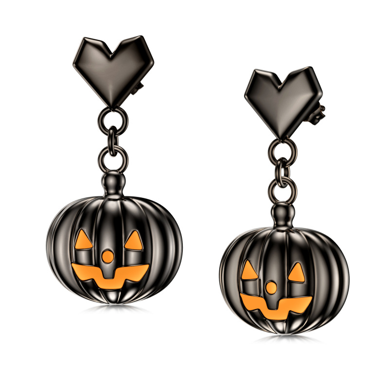 Sterling Silver with Black Rhodium Pumpkin Drop Earrings-11