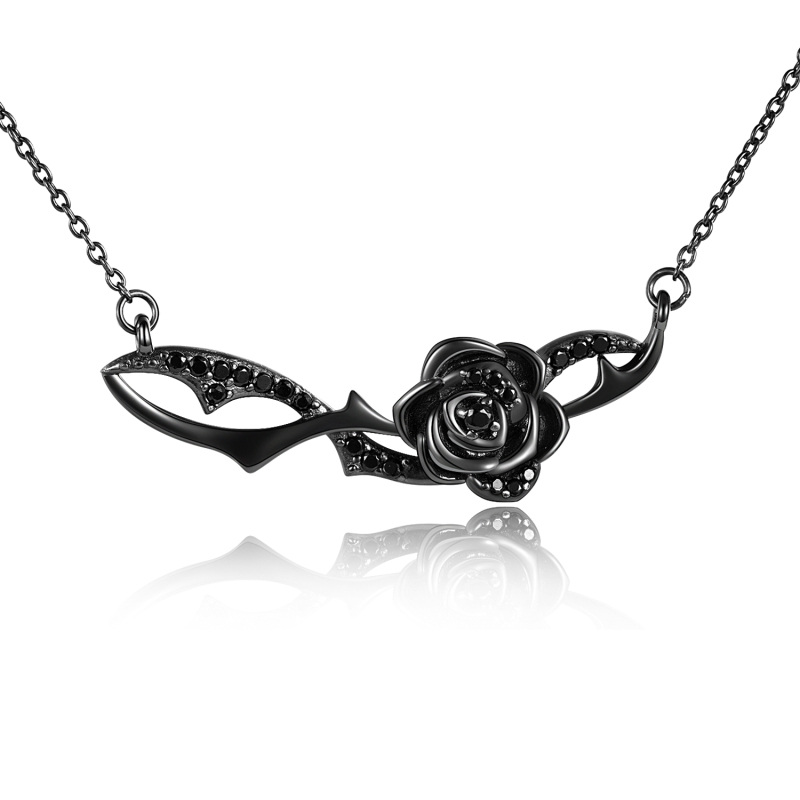 Collier en argent sterling avec pendentif rose en rhodium noir