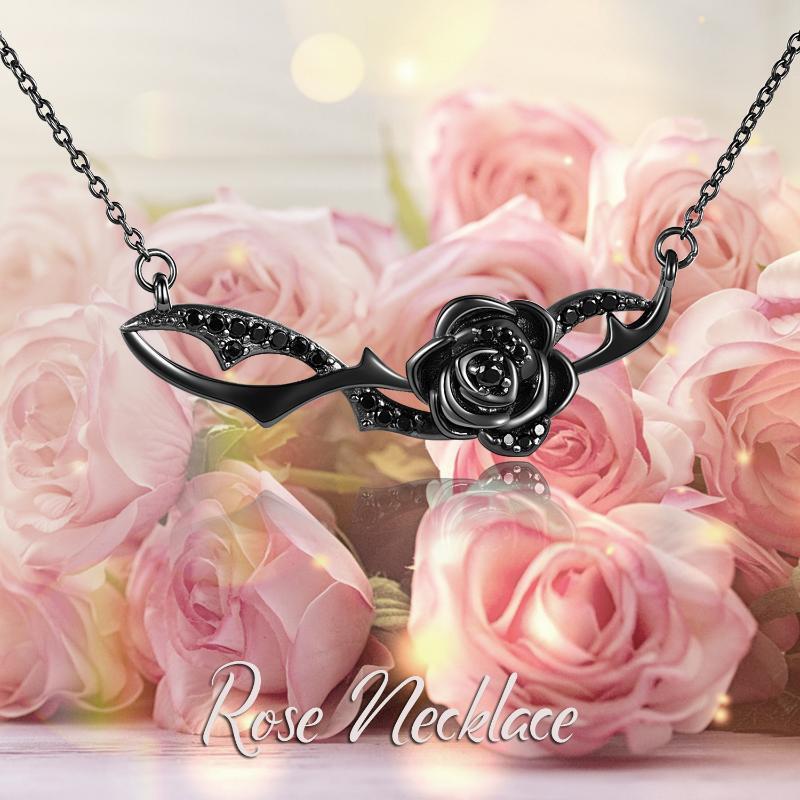 Collana con ciondolo a forma di rosa in argento sterling e rodio nero-6