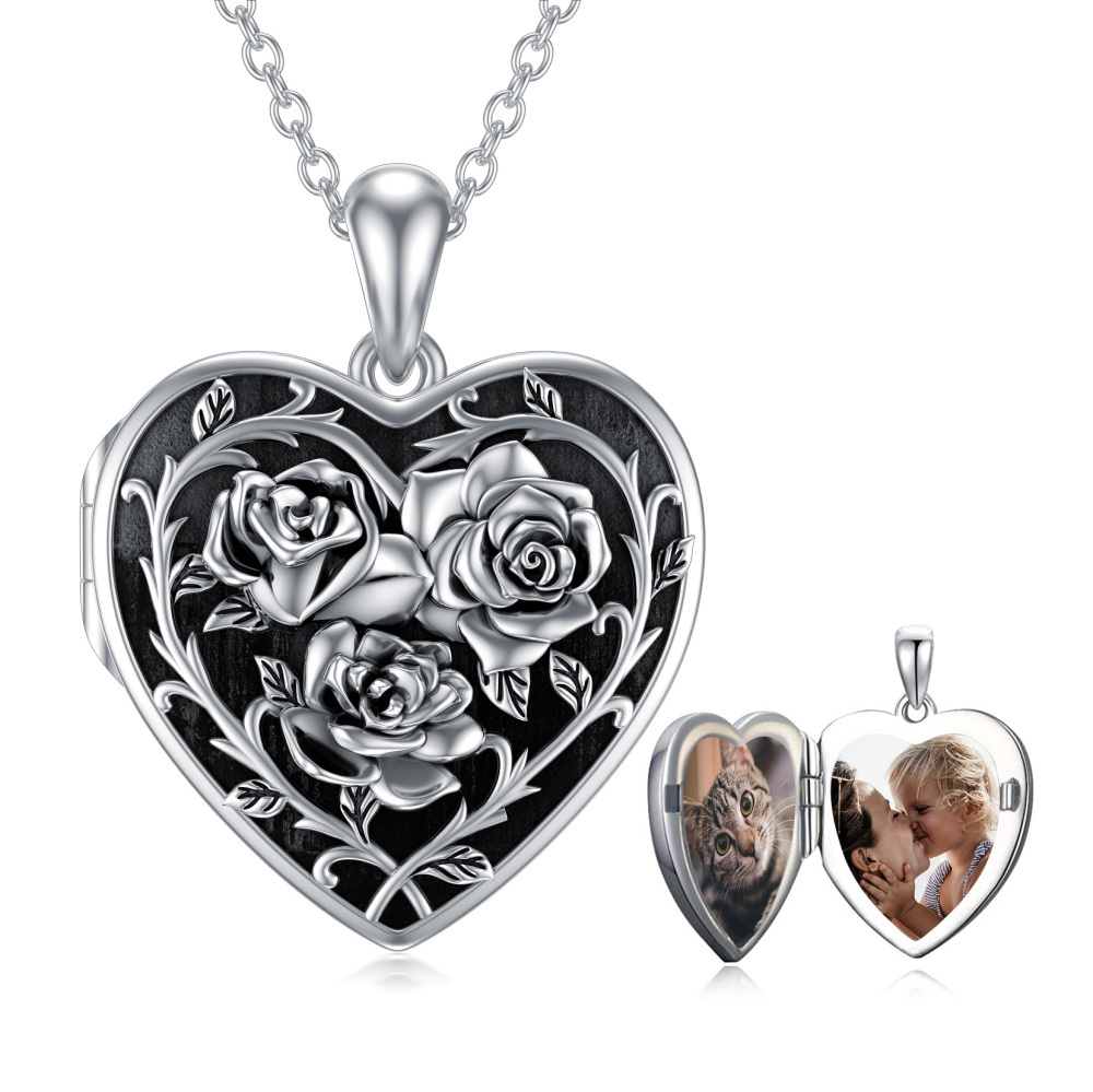 Collar con medallón fotográfico personalizado en plata de ley con rodio negro y rosa-1