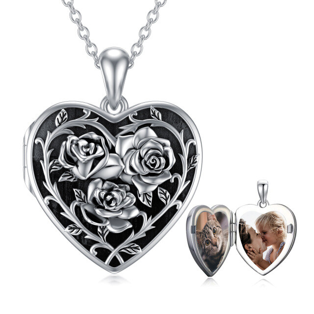 Sterling Silber mit schwarzem Rhodium Rose Personalisierte Foto Medaillon Halskette-1