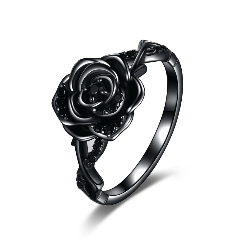 Sterling Silver with Black Rhodium Cubic Zirconia Rose Ring-16
