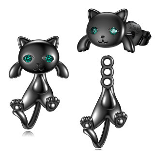 Sterling Silver with Black Rhodium Round Zircon Cat Jacket Earrings-5