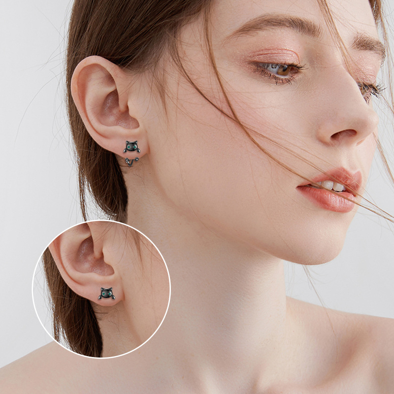 Sterling Silver with Black Rhodium Round Zircon Cat Jacket Earrings-2