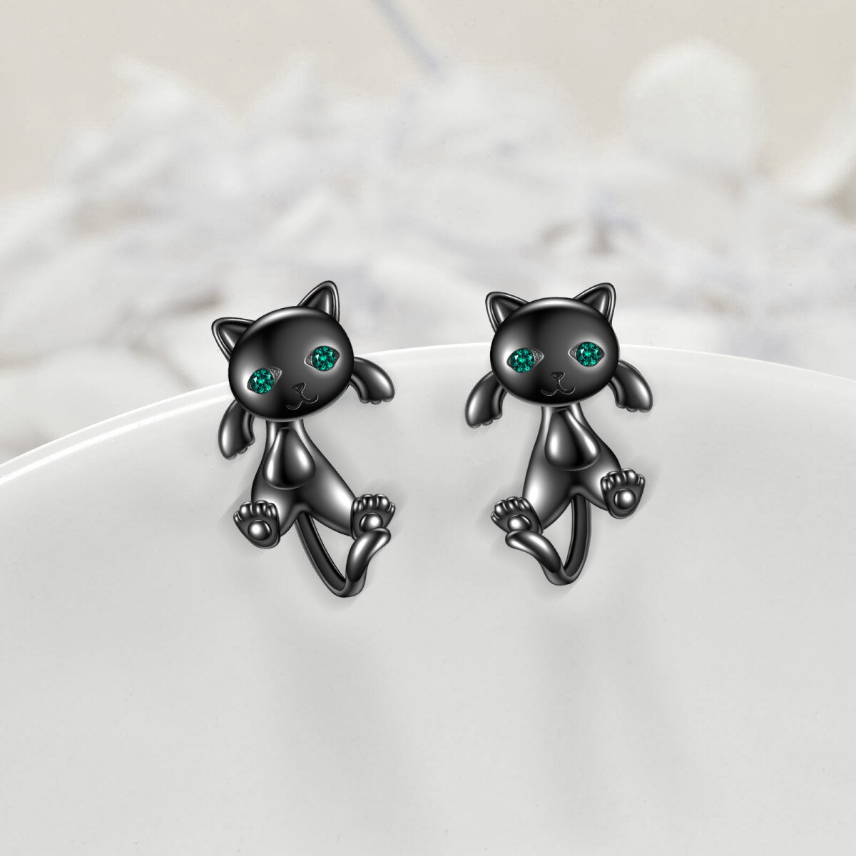 Sterling Silver with Black Rhodium Round Zircon Cat Jacket Earrings-3