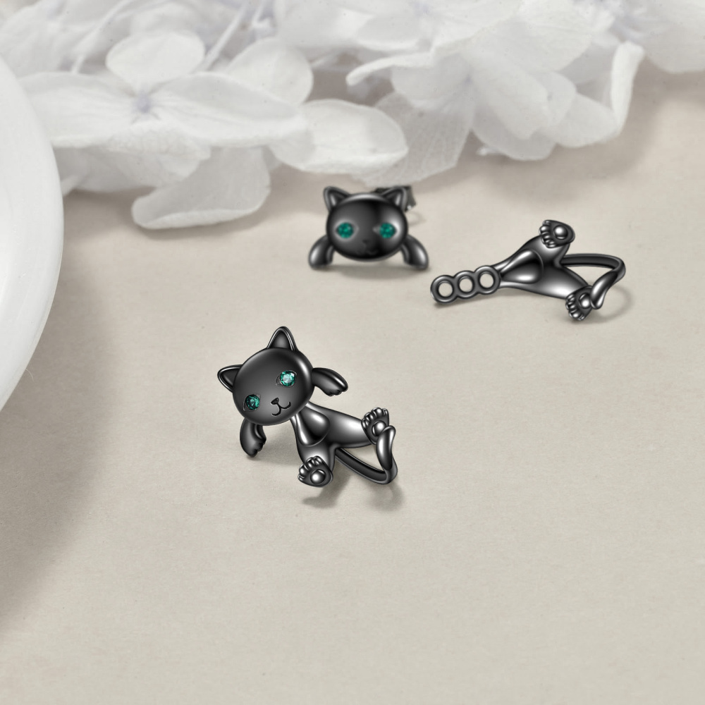 Sterling Silver with Black Rhodium Round Zircon Cat Jacket Earrings-4