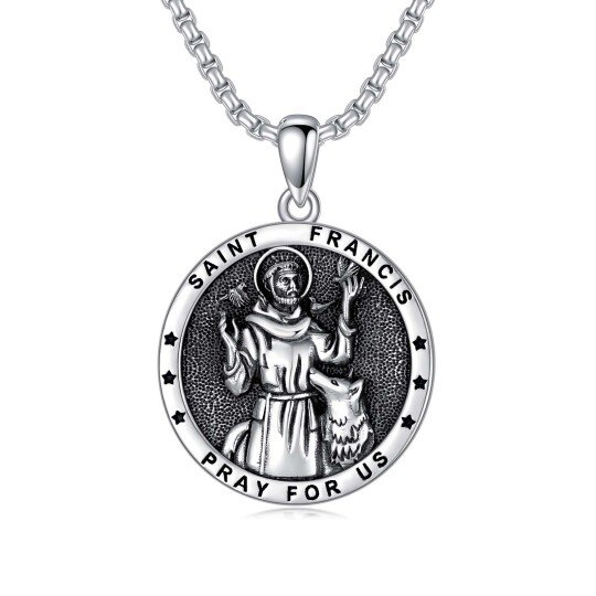 Sterling Silver with Black Rhodium Saint Francis Pendant Necklace with Engraved Word for Men