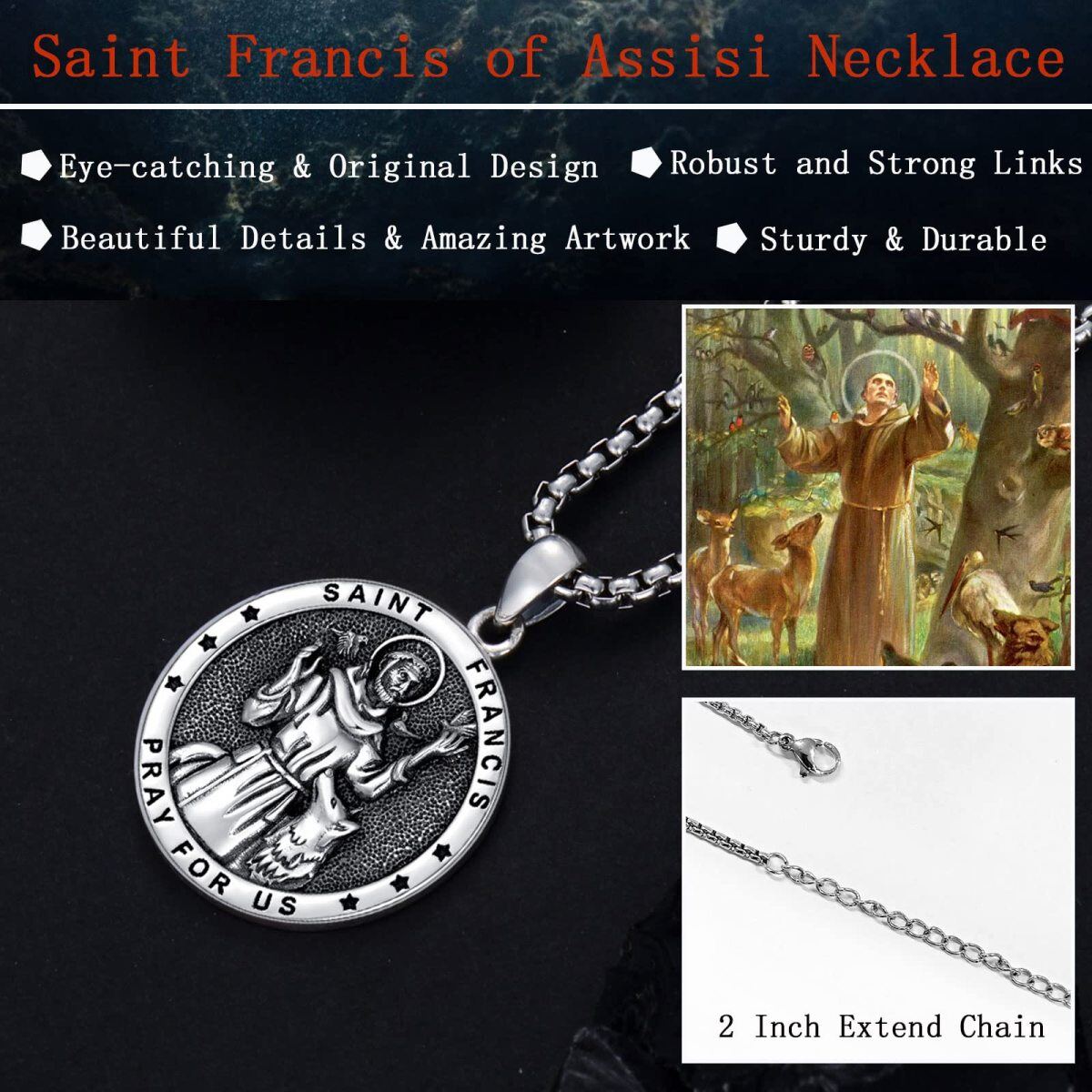 Sterling Silver With Black Rhodium Saint Francis Pendant Necklace With Engraved Word For Men-3