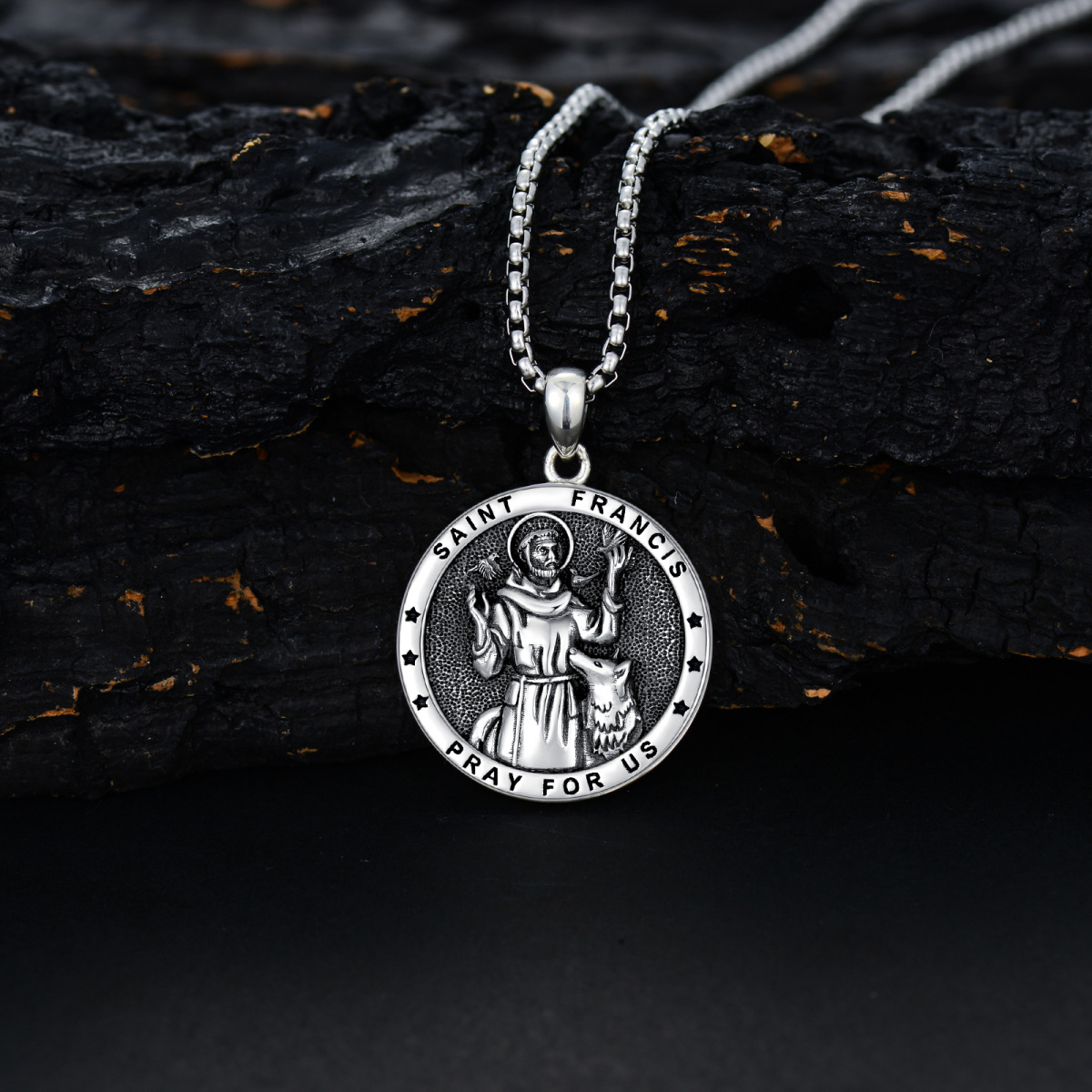 Sterling Silver With Black Rhodium Saint Francis Pendant Necklace With Engraved Word For Men-5