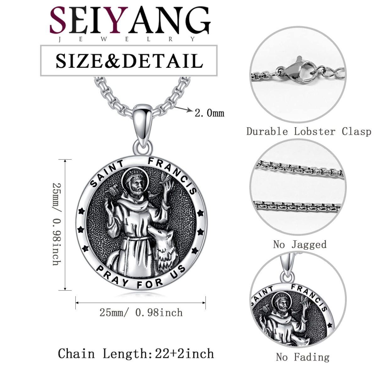 Sterling Silver With Black Rhodium Saint Francis Pendant Necklace With Engraved Word For Men-6