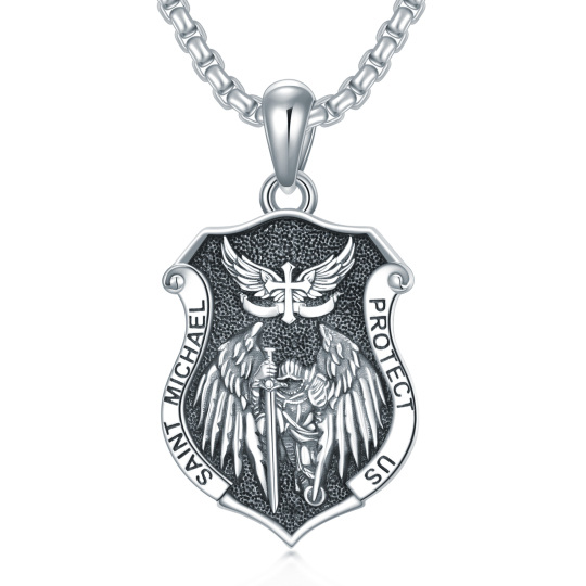 Halskette mit Anhänger aus Sterlingsilber mit schwarzem Rhodium und Schild des Heiligen Michael mit eingraviertem Wort für Männer