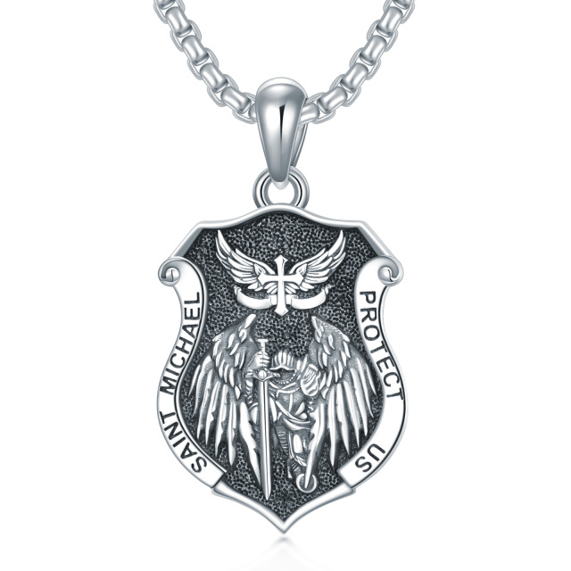 Sterling Silver with Black Rhodium Saint Michael & Shield Pendant Necklace with Engraved Word for Men-2