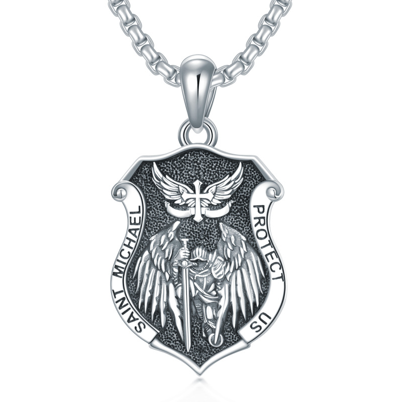 Sterling Silver With Black Rhodium Saint Michael & Shield Pendant Necklace For Men-5