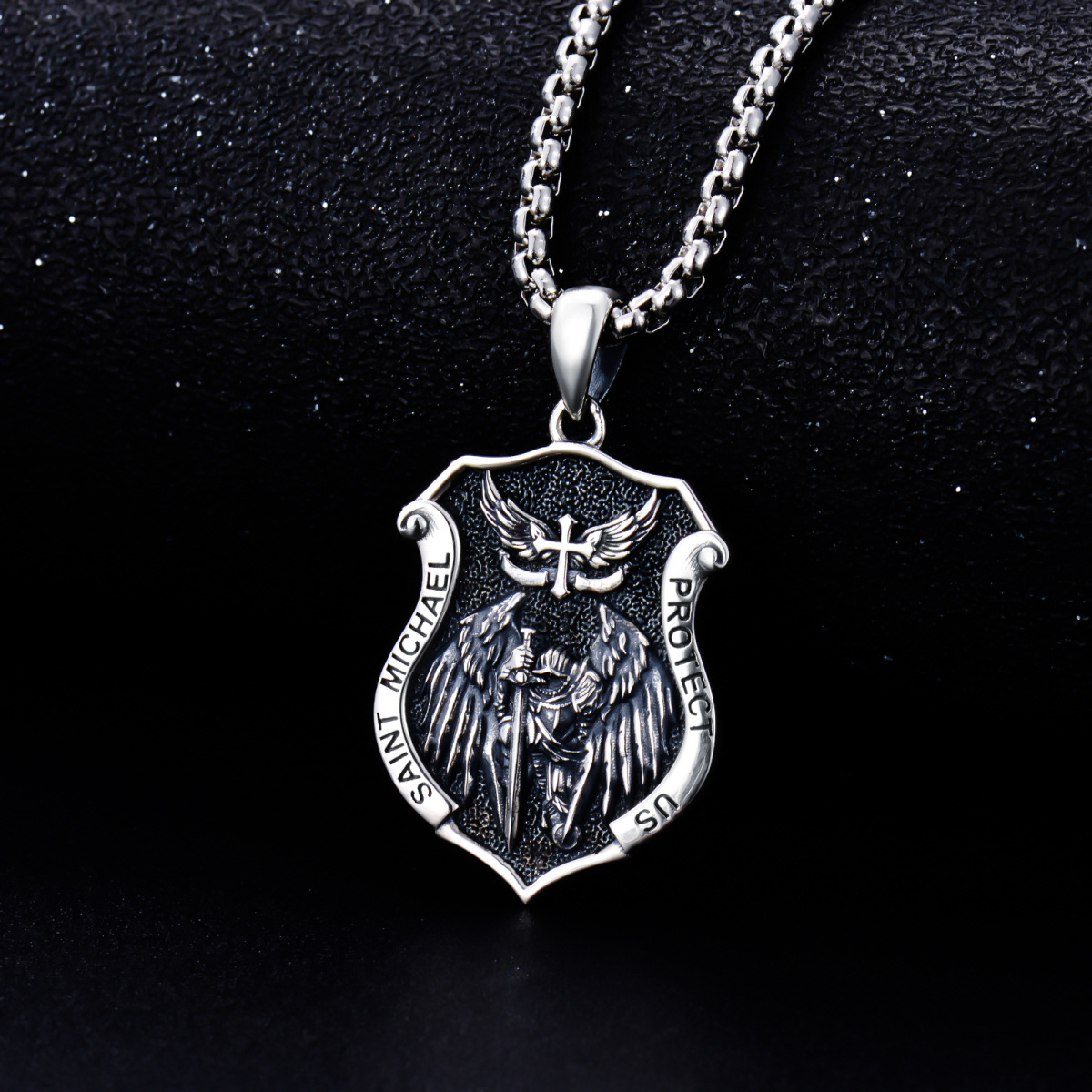 Sterling Silver With Black Rhodium Saint Michael & Shield Pendant Necklace For Men-3