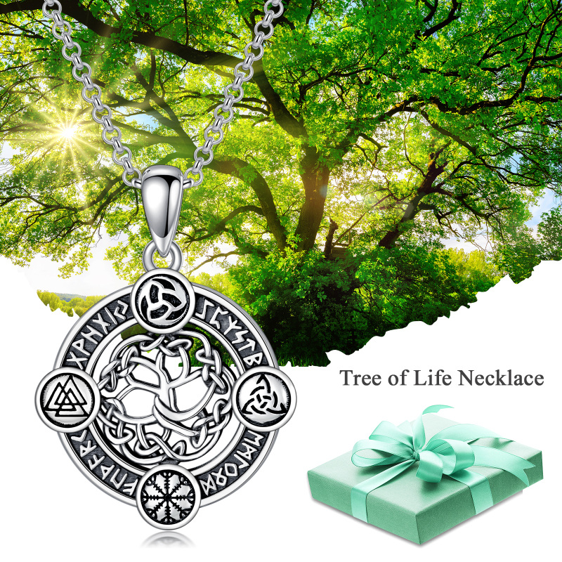 Sterling Silver with Black Rhodium Tree Of Life Pendant Necklace-4