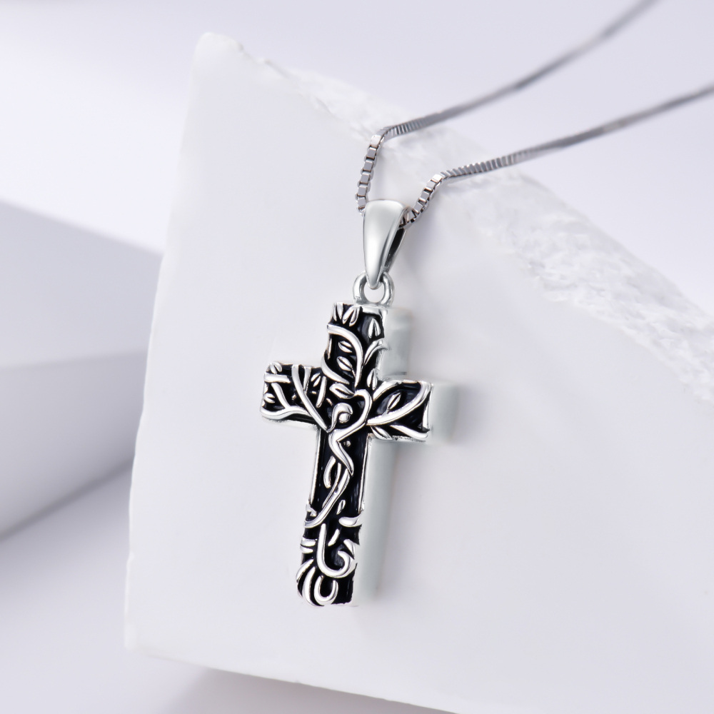 Sterling Silver With Black Rhodium Tree Of Life Urn Necklace For Ashes With Engraved Word-5