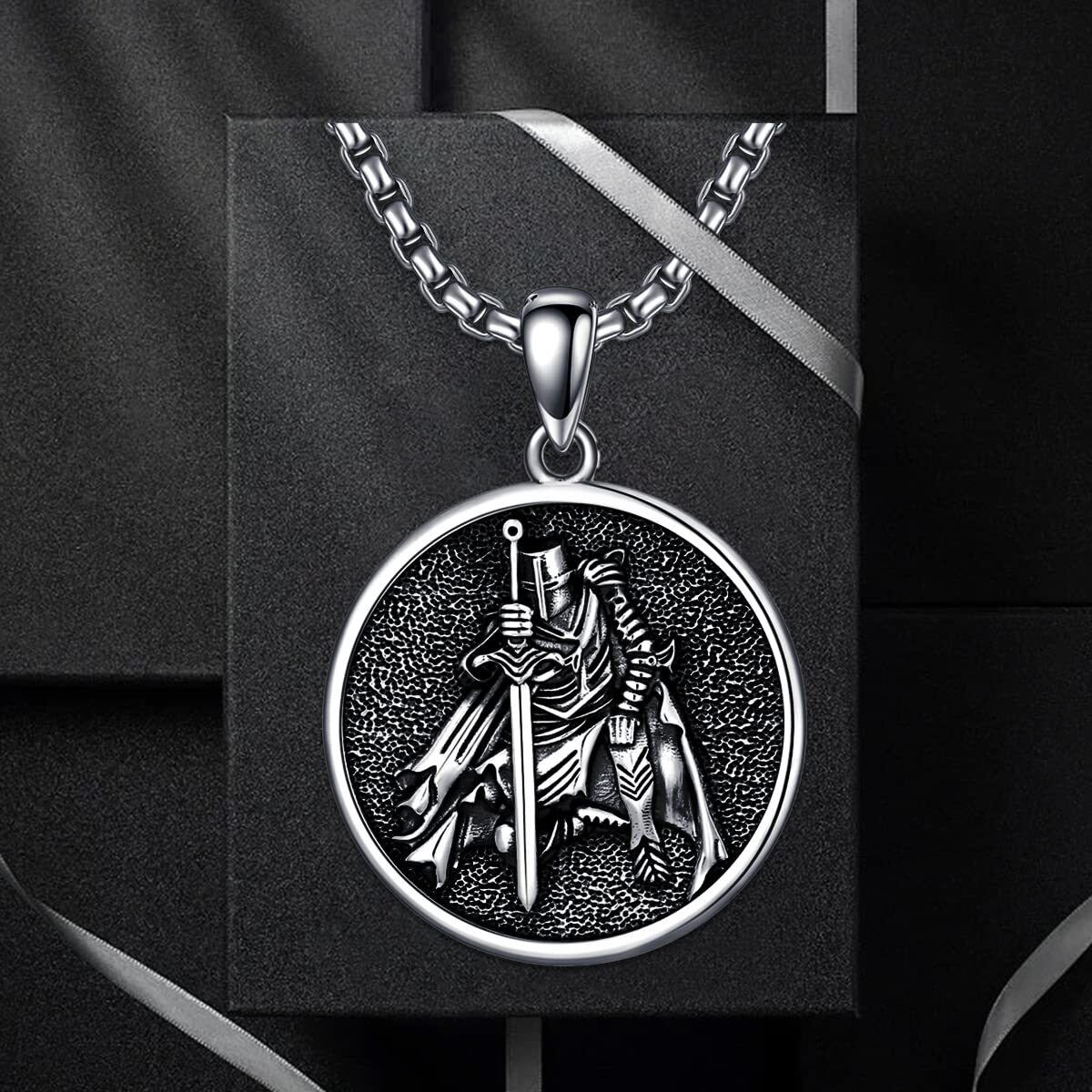 Sterling Silver with Black Rhodium Viking Rune Coin Pendant Necklace for Men-6